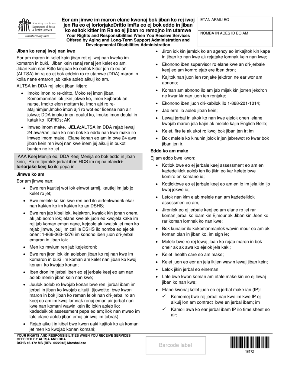 DSHS Form 16-172 Your Rights and Responsibilities When You Receive Services Offered by Aging and Long-Term Support Administration and Developmental Disabilities Administration - Washington (Marshallese), Page 1