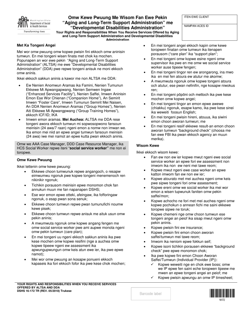 DSHS Form 16-172 Your Rights and Responsibilities When You Receive Services Offered by Aging and Long-Term Support Administration and Developmental Disabilities Administration - Washington (Trukese), Page 1