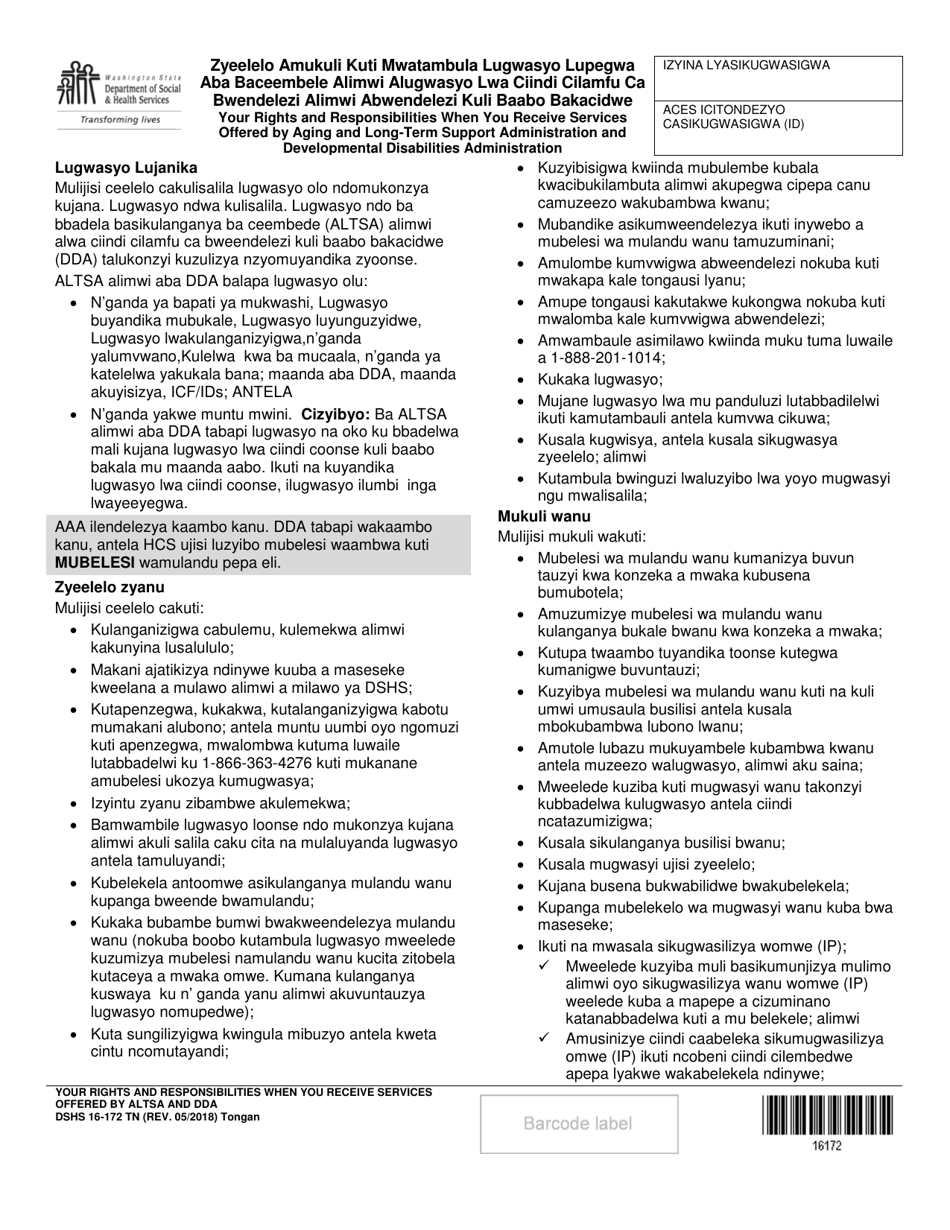 DSHS Form 16-172 Your Rights and Responsibilities When You Receive Services Offered by Aging and Disability Services Administration and Developmental Disabilities Administration - Washington (English / Tongan), Page 1
