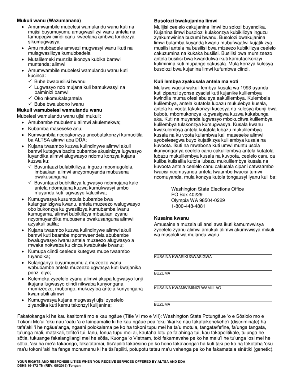 DSHS Form 16-172 Your Rights and Responsibilities When You Receive Services Offered by Aging and Disability Services Administration and Developmental Disabilities Administration - Washington (English / Tongan), Page 2