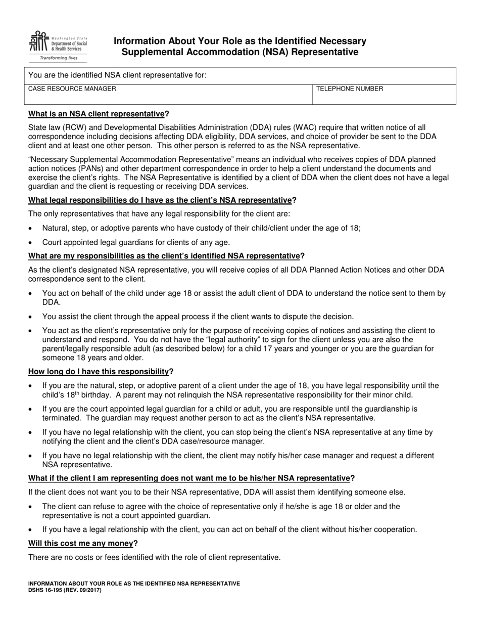 DSHS Form 16-195 Information About Your Role as the Identified Necessary Supplemental Accommodation (Nsa) Representative - Washington, Page 1