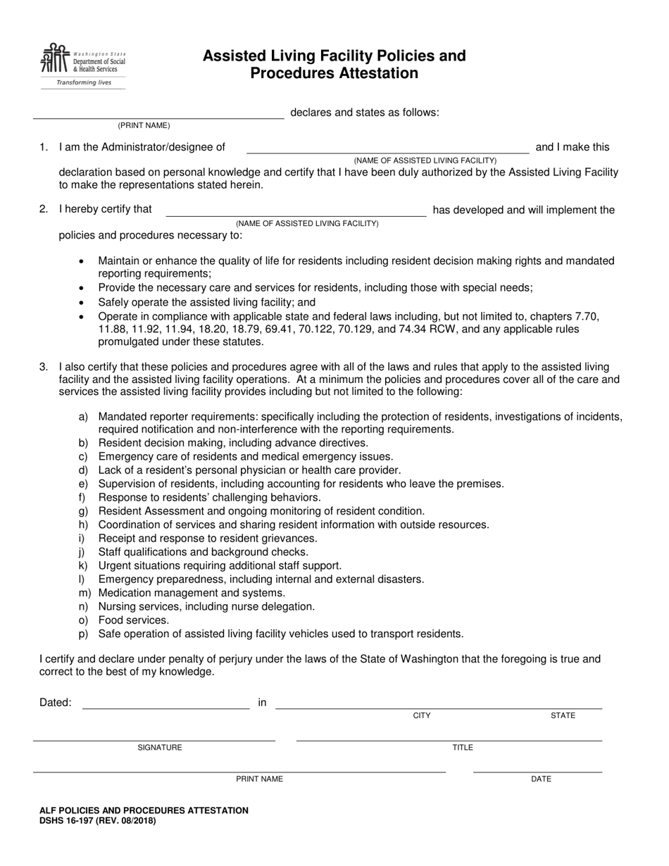 DSHS Form 16-197 Assisted Living Facility Policies and Procedures Attestation - Washington, Page 1