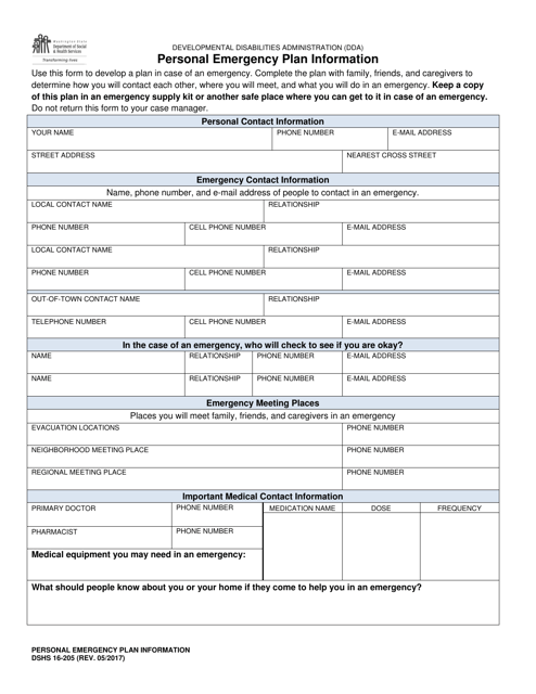 DSHS Form 16-205 Personal Emergency Plan Information - Washington