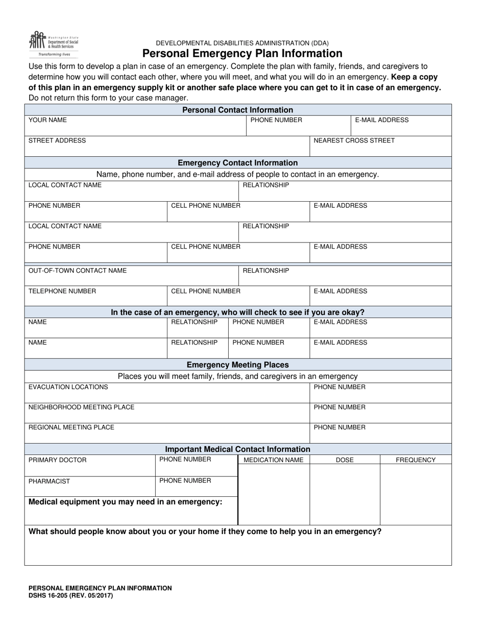 DSHS Form 16-205 Personal Emergency Plan Information - Washington, Page 1