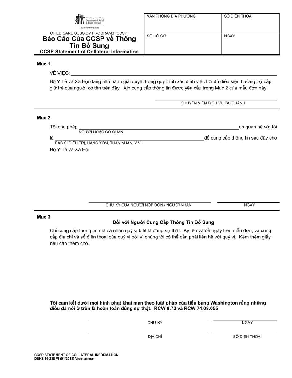 DSHS Form 16-238 Ccsp Statement of Collateral Information - Washington (Vietnamese), Page 1