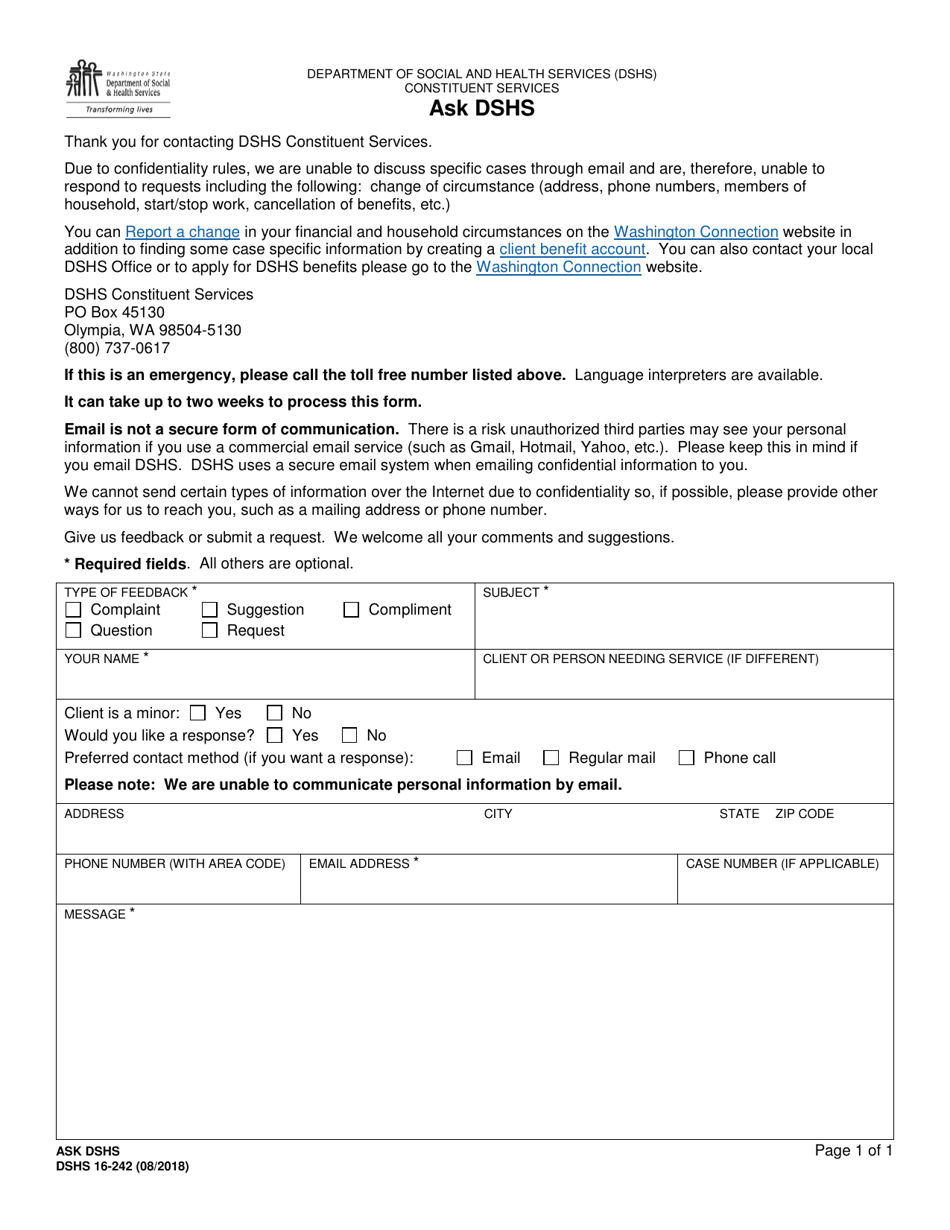 DSHS Form 16-242 Ask Dshs - Washington, Page 1