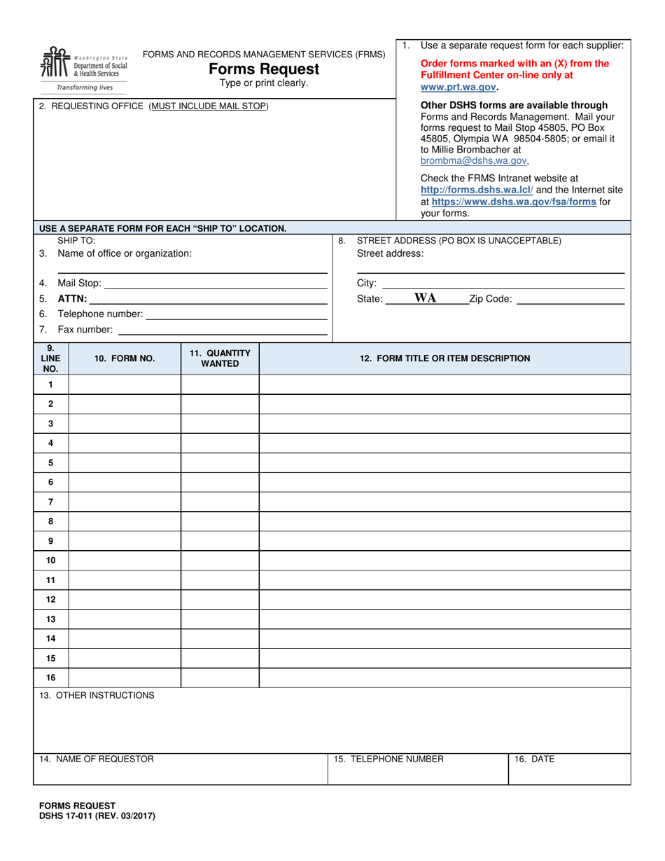 DSHS Form 17-011 Forms Request - Washington, Page 1