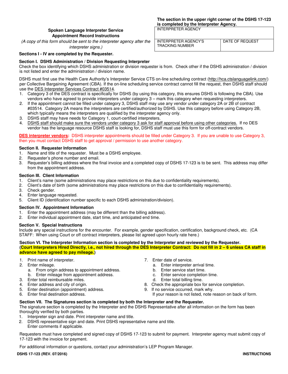 Instructions for DSHS Form 17-123 Spoken Language Interpreter Service Appointment Record - Washington, Page 1