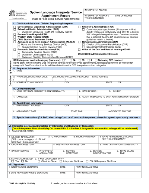 DSHS Form 17-123 Spoken Language Interpreter Service Appointment Record - Washington