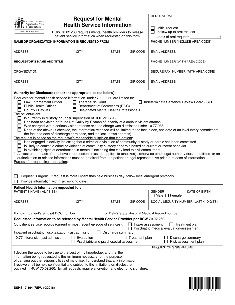DSHS Form 17-194 Request for Mental Health Service Information - Washington, Page 1
