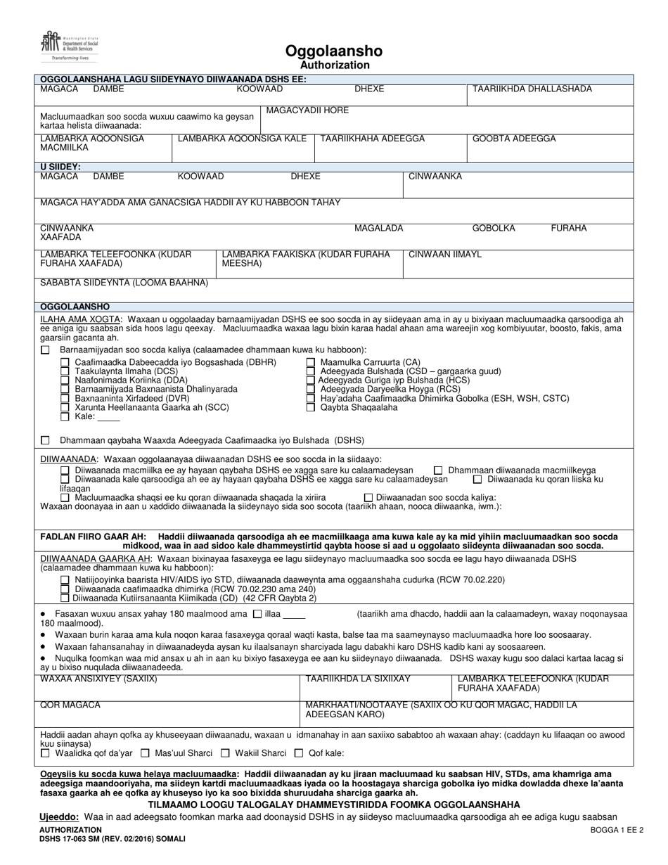 DSHS Form 17-063 Authorization - Washington (Somali), Page 1