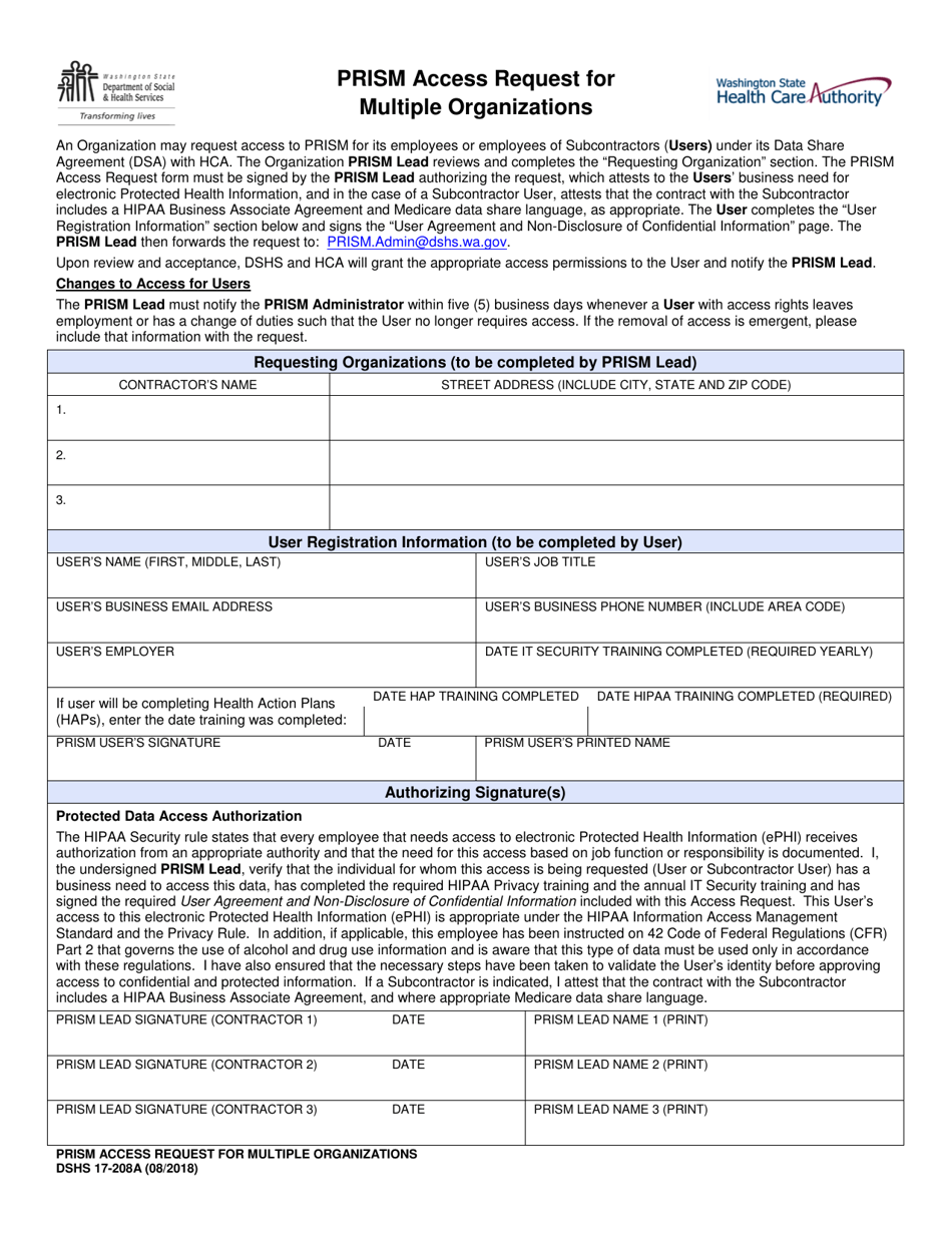 DSHS Form 17-208A Prism Access Request for Multiple Organizations - Washington, Page 1
