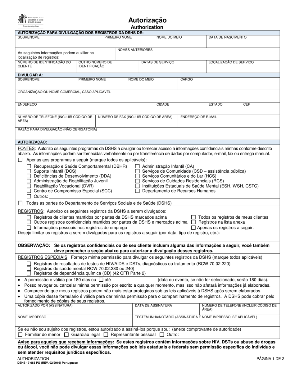 DSHS Form 17-063 Authorization - Washington (Portuguese), Page 1