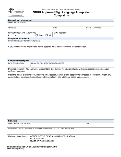 DSHS Form 17-238 Download Printable PDF or Fill Online Odhh Approved ...