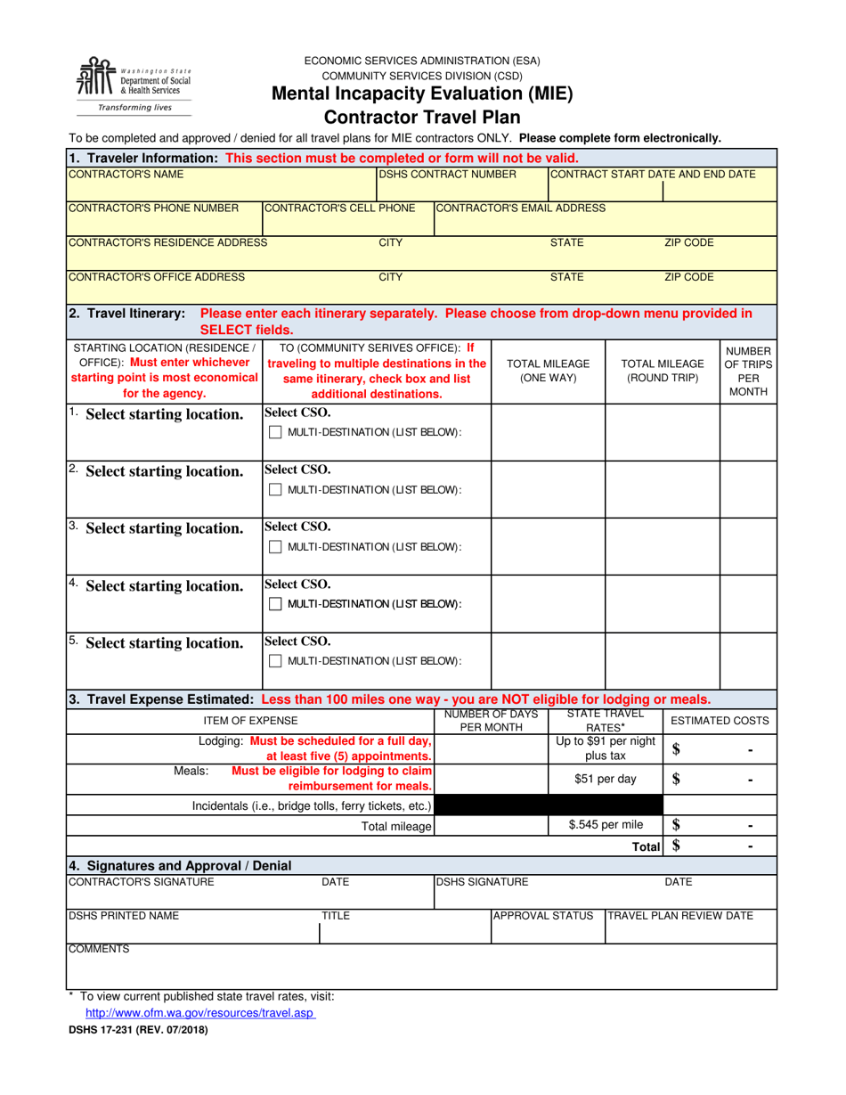 DSHS Form 17-231 Mental Incapacity Evaluation (Mie) Contractor Travel Plan - Washington, Page 1