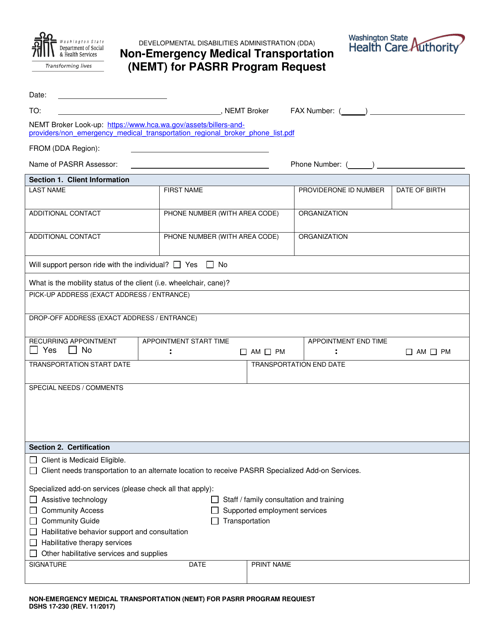 DSHS Form 17-230 Non-emergency Medical Transportation (Nemt) for Pasrr Program Requiest - Washington