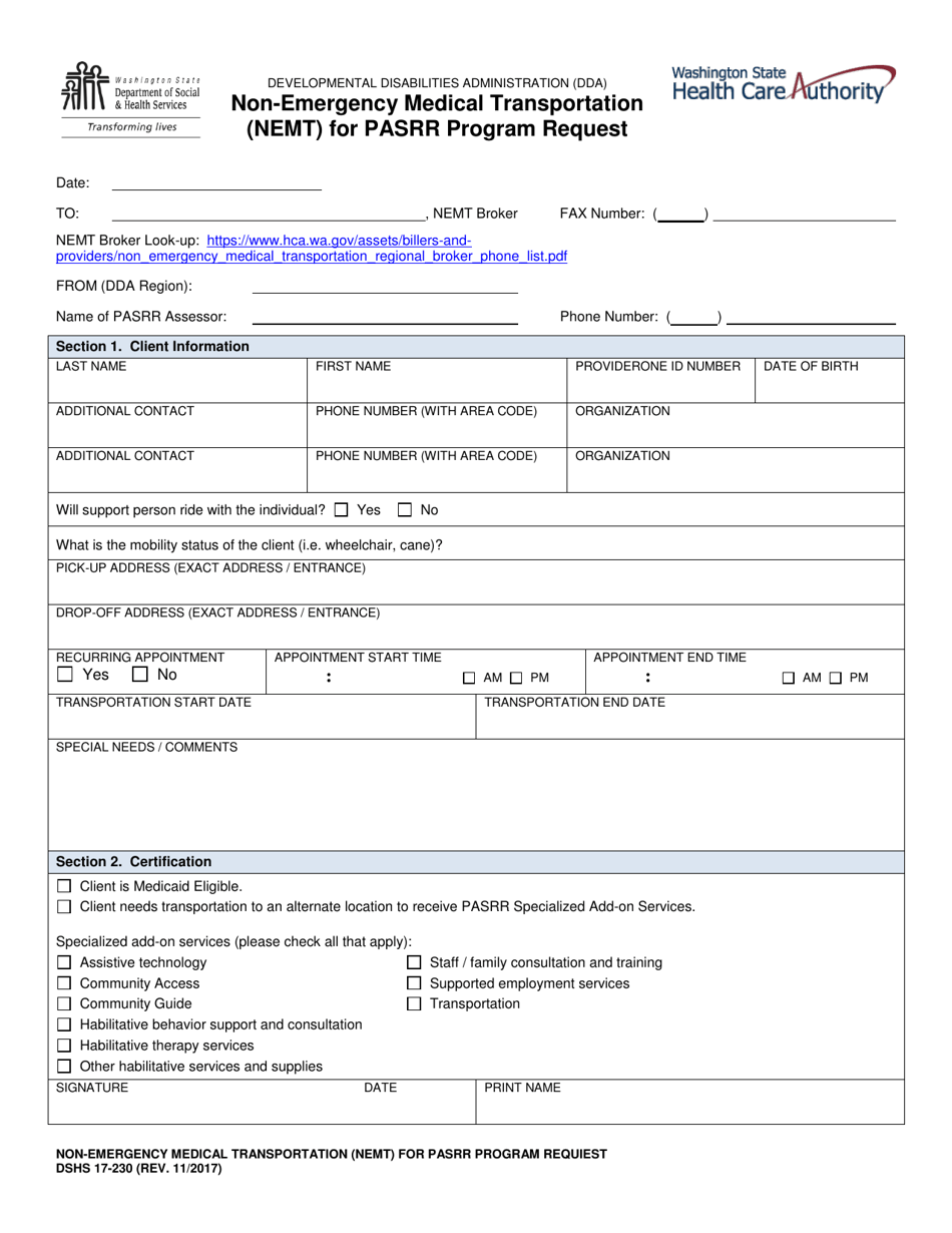 DSHS Form 17-230 Non-emergency Medical Transportation (Nemt) for Pasrr Program Requiest - Washington, Page 1