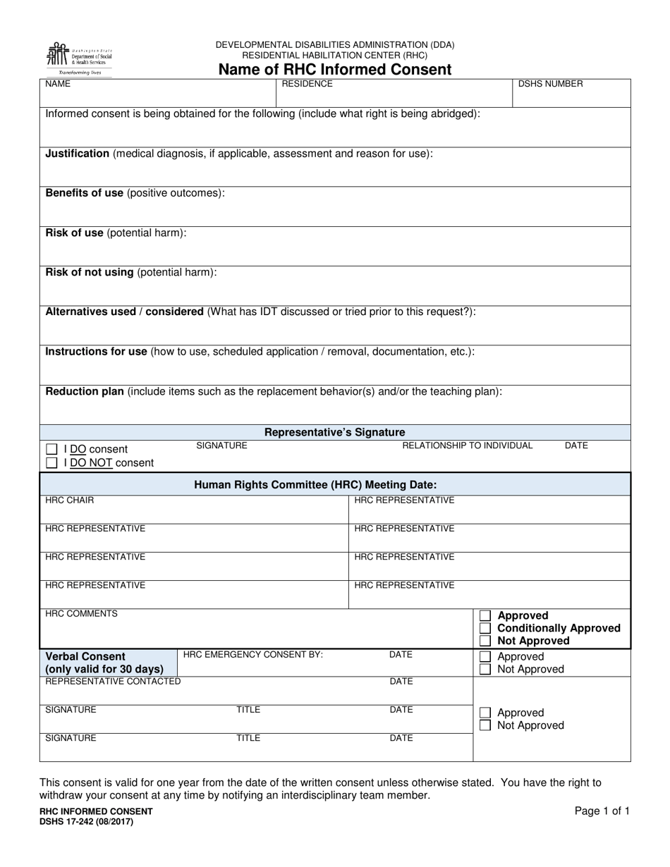 DSHS Form 17-242 Name of Rhc Informed Consent - Washington, Page 1