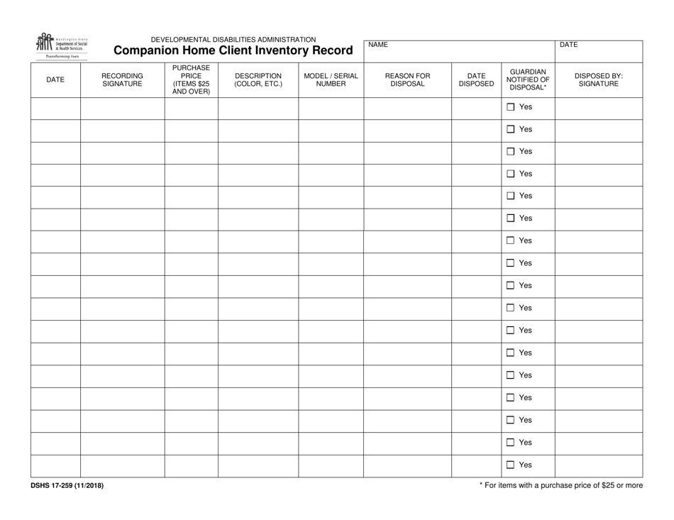 DSHS Form 17-259 Companion Home Client Inventory Record - Washington, Page 1