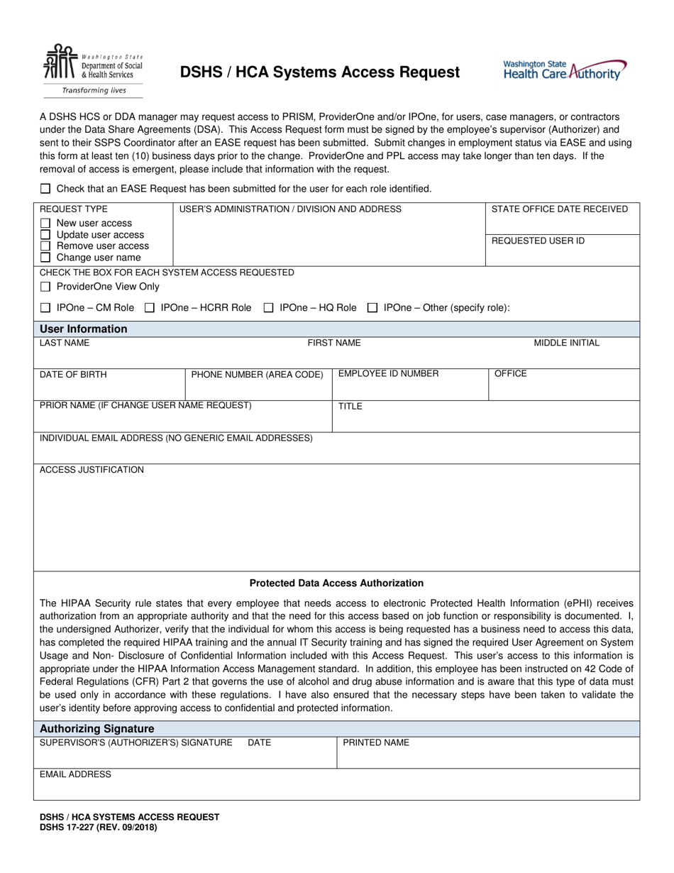 DSHS Form 17-227 Dshs / Hca Systems Access Request - Washington, Page 1