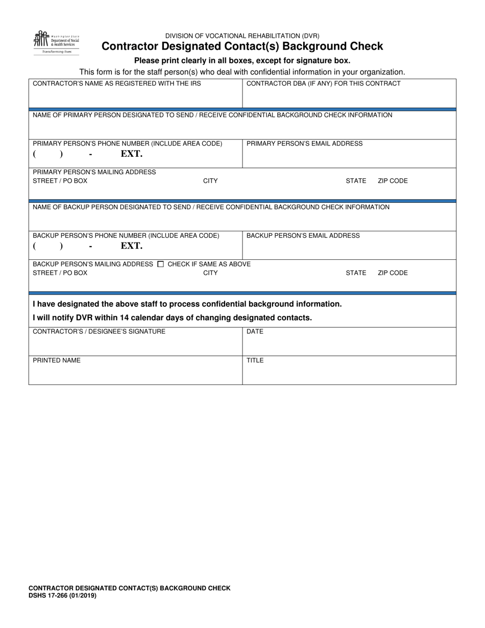 DSHS Form 17-266 Contractor Designated Contact(S) Background Check - Washington, Page 1
