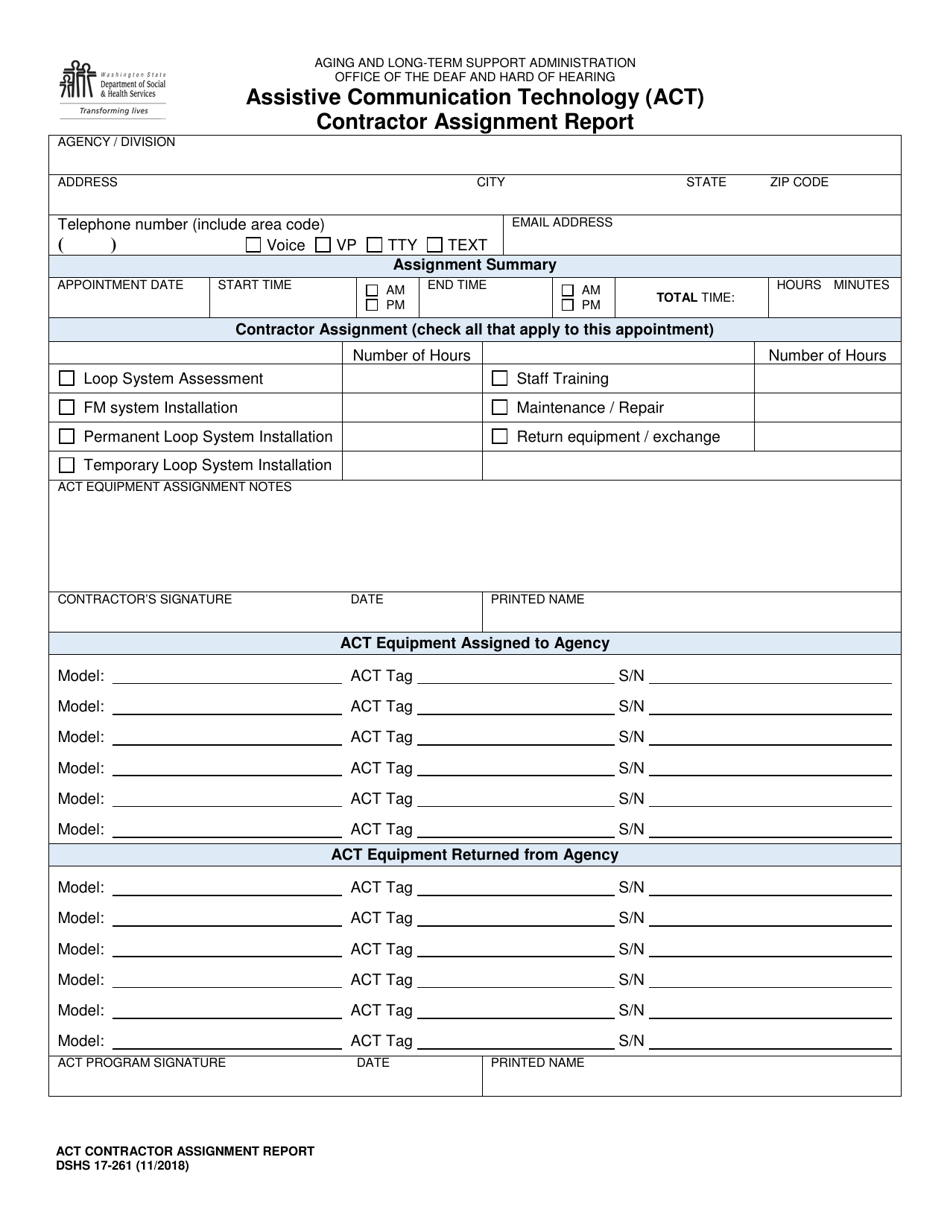DSHS Form 17-261 Assistive Communication Technology (Act) Contractor Assignment Report - Washington, Page 1
