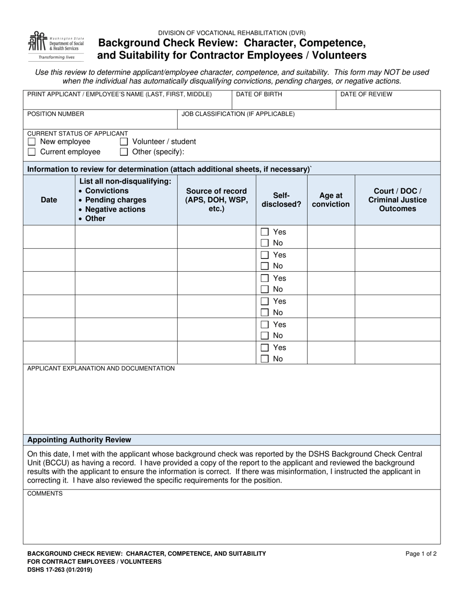 DSHS Form 17-263 Background Check Review: Character, Competence, and Suitability for Contractor Employees / Volunteers - Washington, Page 1