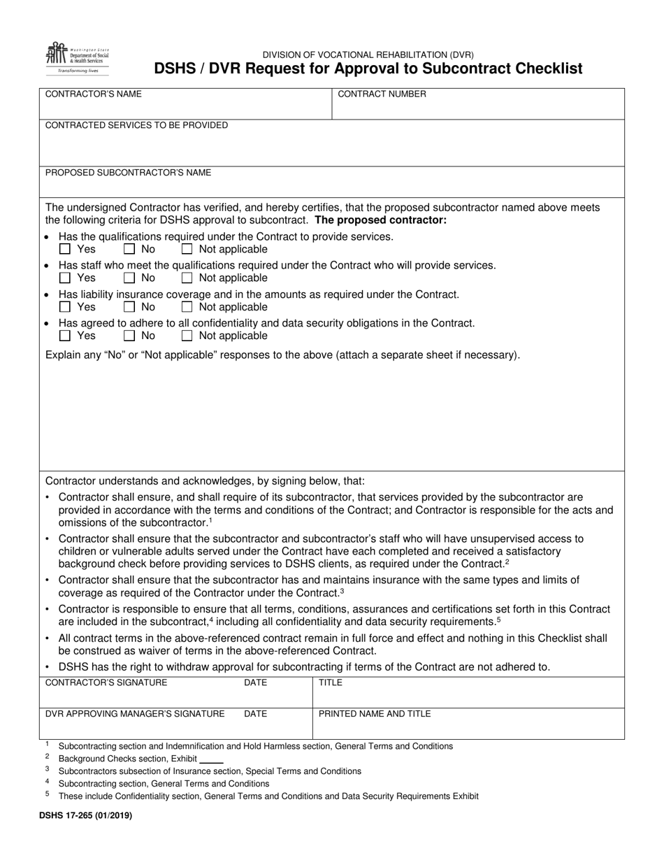 DSHS Form 17-265 Dshs / Dvr Request for Approval to Subcontract Checklist - Washington, Page 1