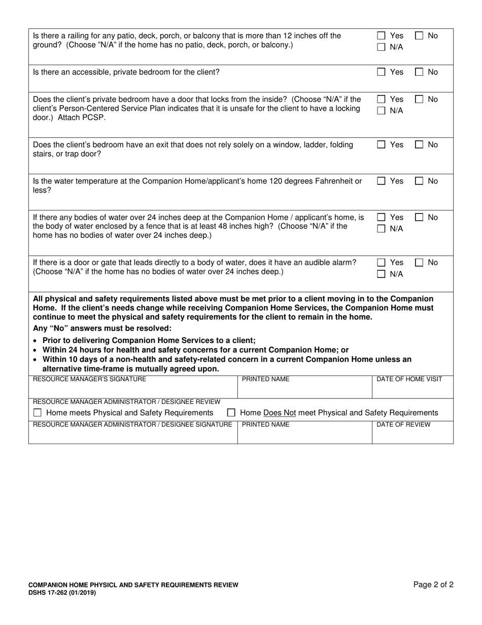 DSHS Form 17-262 Companion Home Physical and Safety Requirements Review (Developmental Disabilities Administration) - Washington, Page 2
