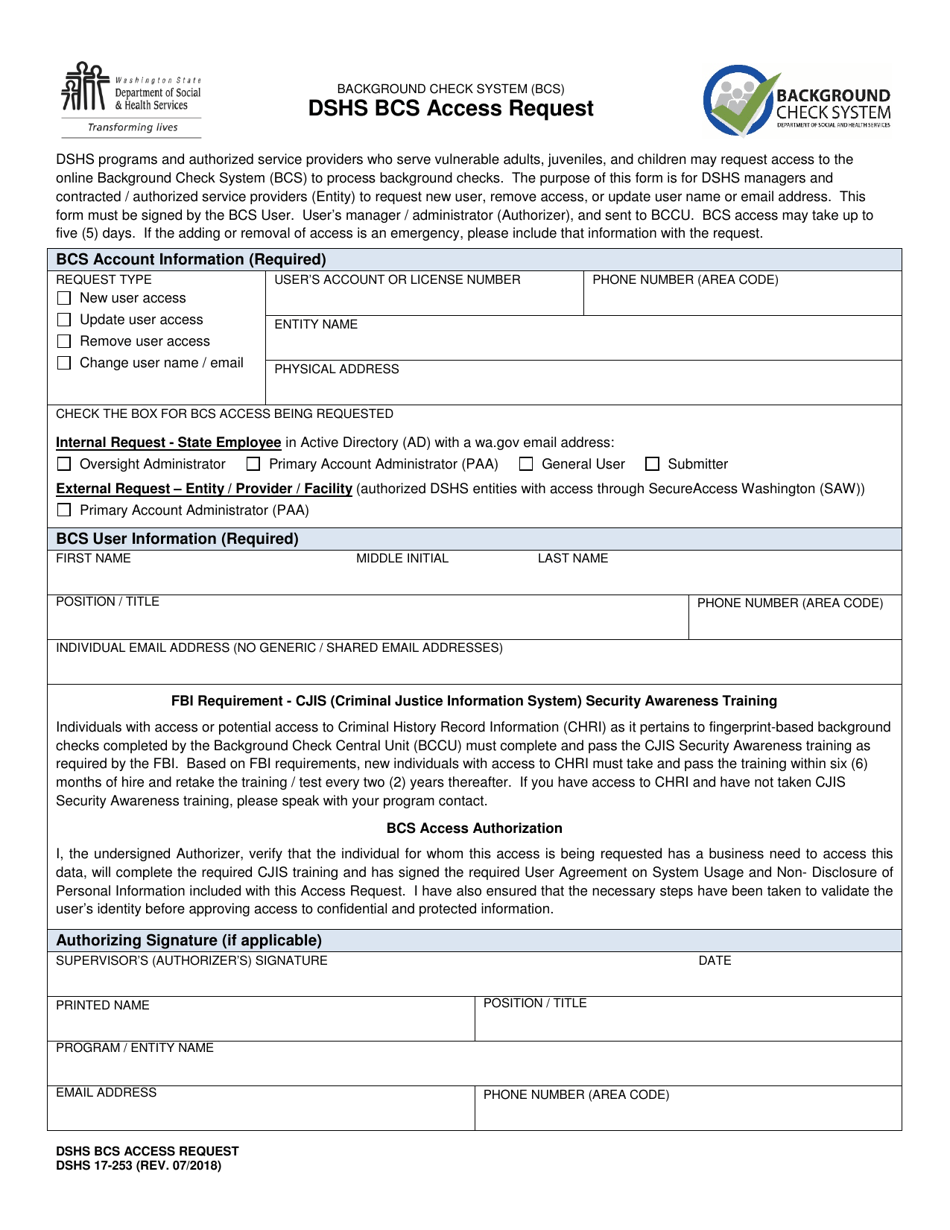 DSHS Form 17-253 Dshs Bcs Access Request - Washington, Page 1
