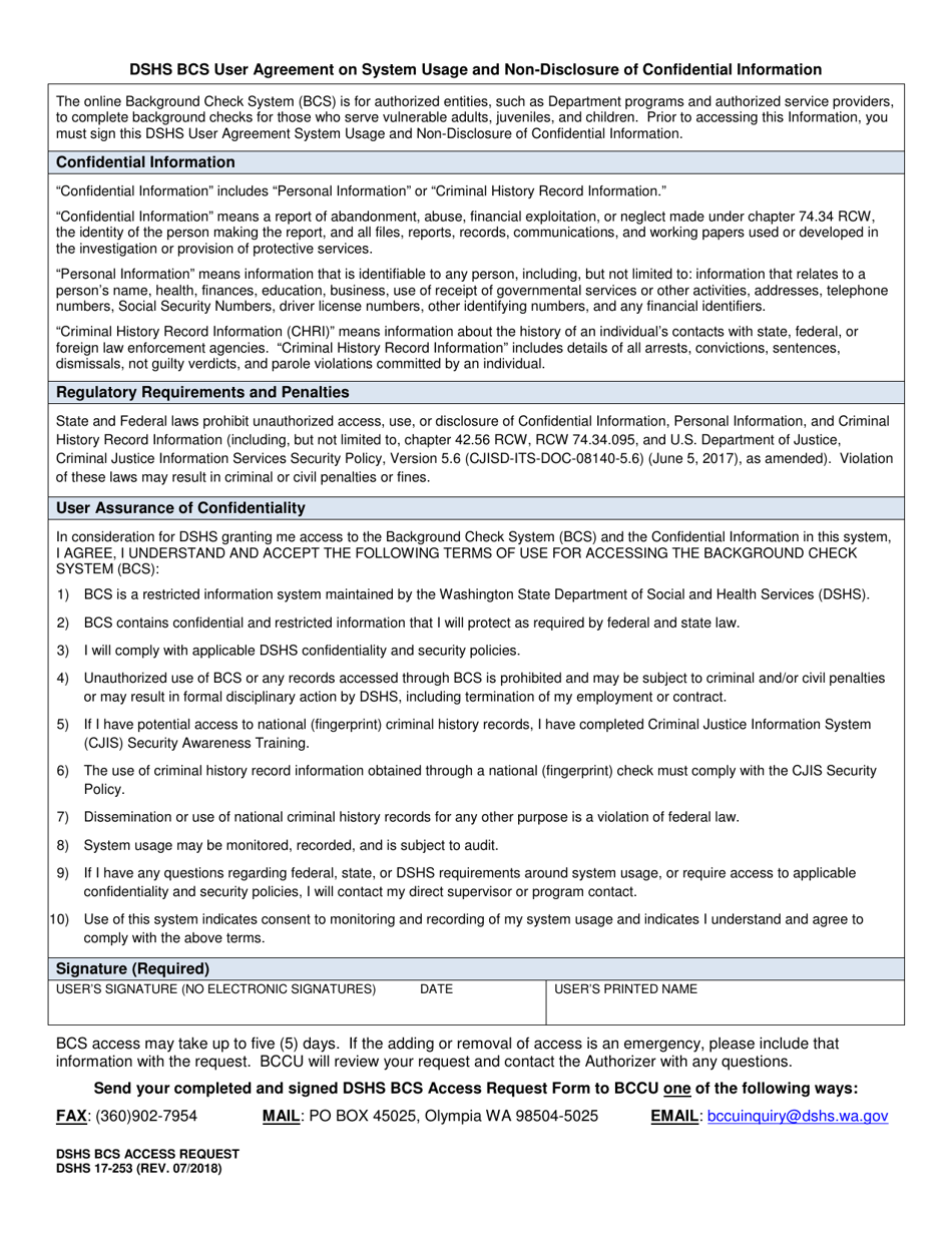 DSHS Form 17-253 Dshs Bcs Access Request - Washington, Page 2