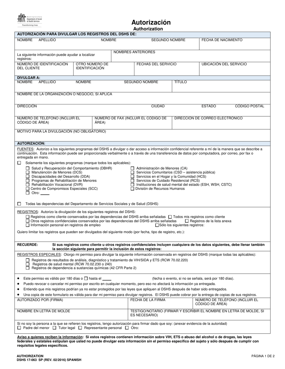 DSHS Formulario 17-063 Autorizacion - Washington (Spanish), Page 1