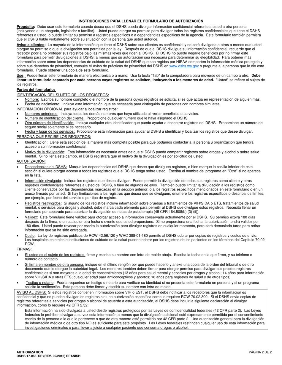 DSHS Formulario 17-063 Autorizacion - Washington (Spanish), Page 2
