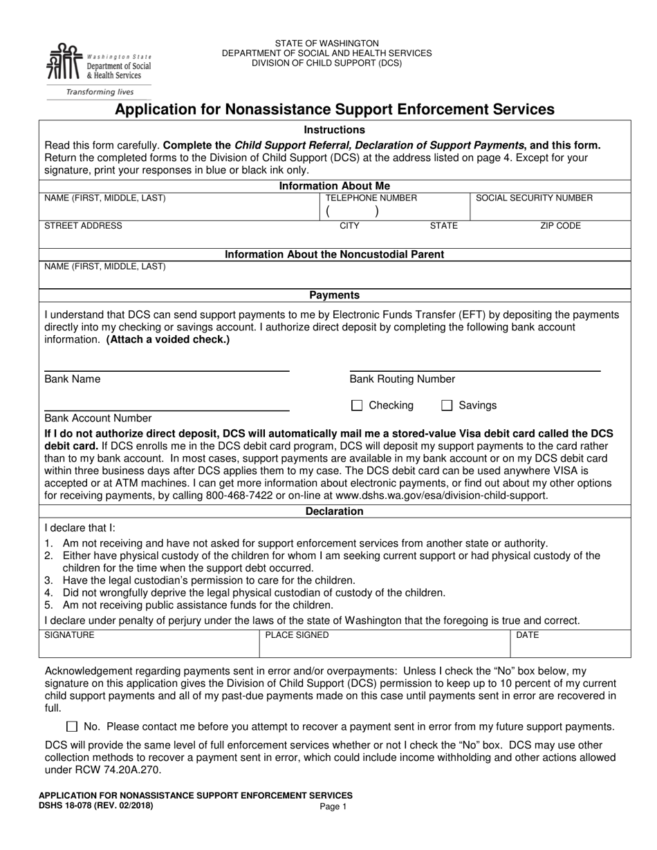 DSHS Form 18-078 Application for Nonassistance Support Enforcement Services - Washington, Page 1