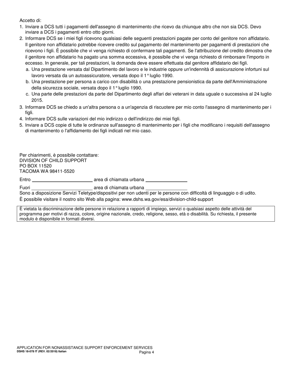 DSHS Form 18-078 Application for Nonassistance Support Enforcement Services - Washington (Italian), Page 4