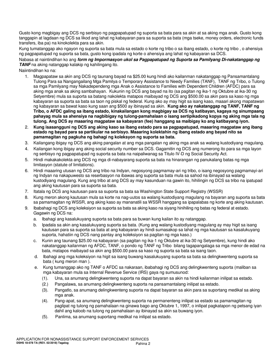 DSHS Form 18-078 Application for Nonassistance Support Enforcement Services - Washington (Tagalog), Page 2