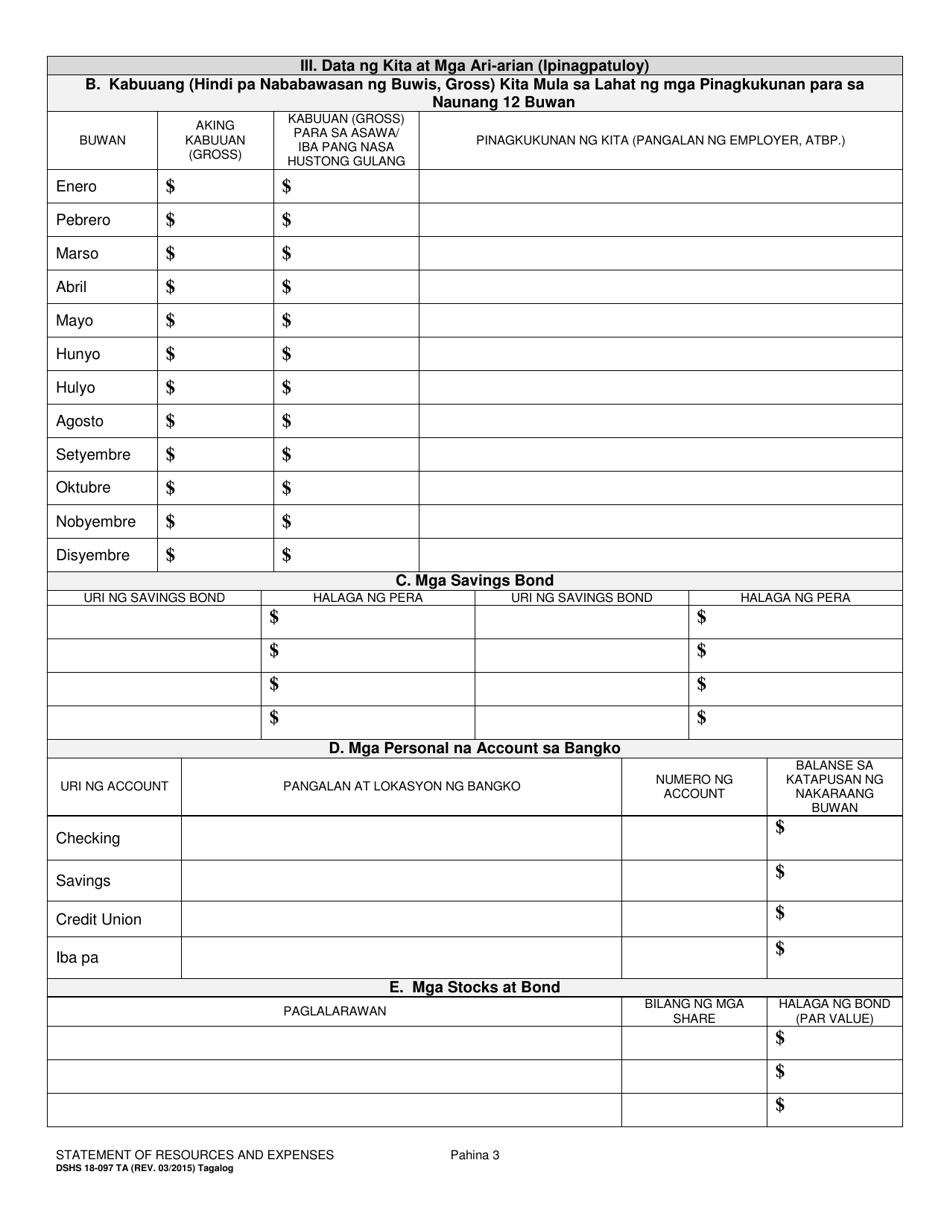 DSHS Form 18-097 Statement of Resources and Expenses - Washington (Tagalog), Page 3