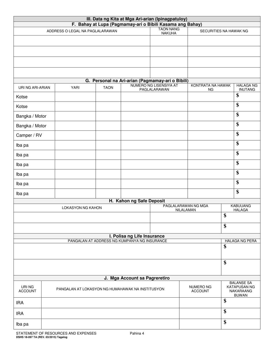 DSHS Form 18-097 Statement of Resources and Expenses - Washington (Tagalog), Page 4