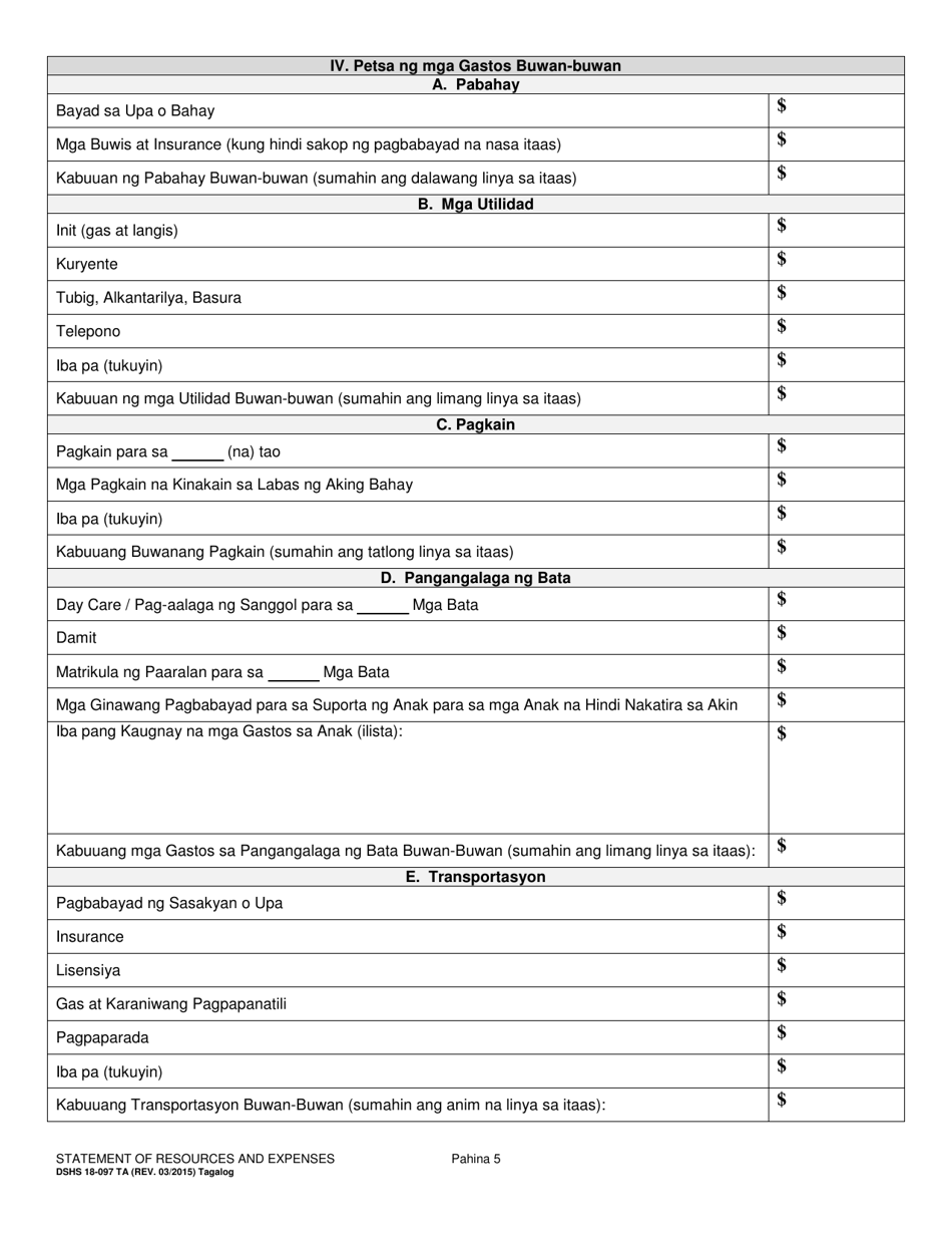 DSHS Form 18-097 Statement of Resources and Expenses - Washington (Tagalog), Page 5