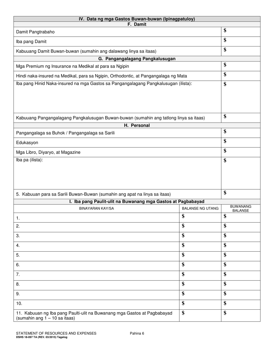 DSHS Form 18-097 Statement of Resources and Expenses - Washington (Tagalog), Page 6