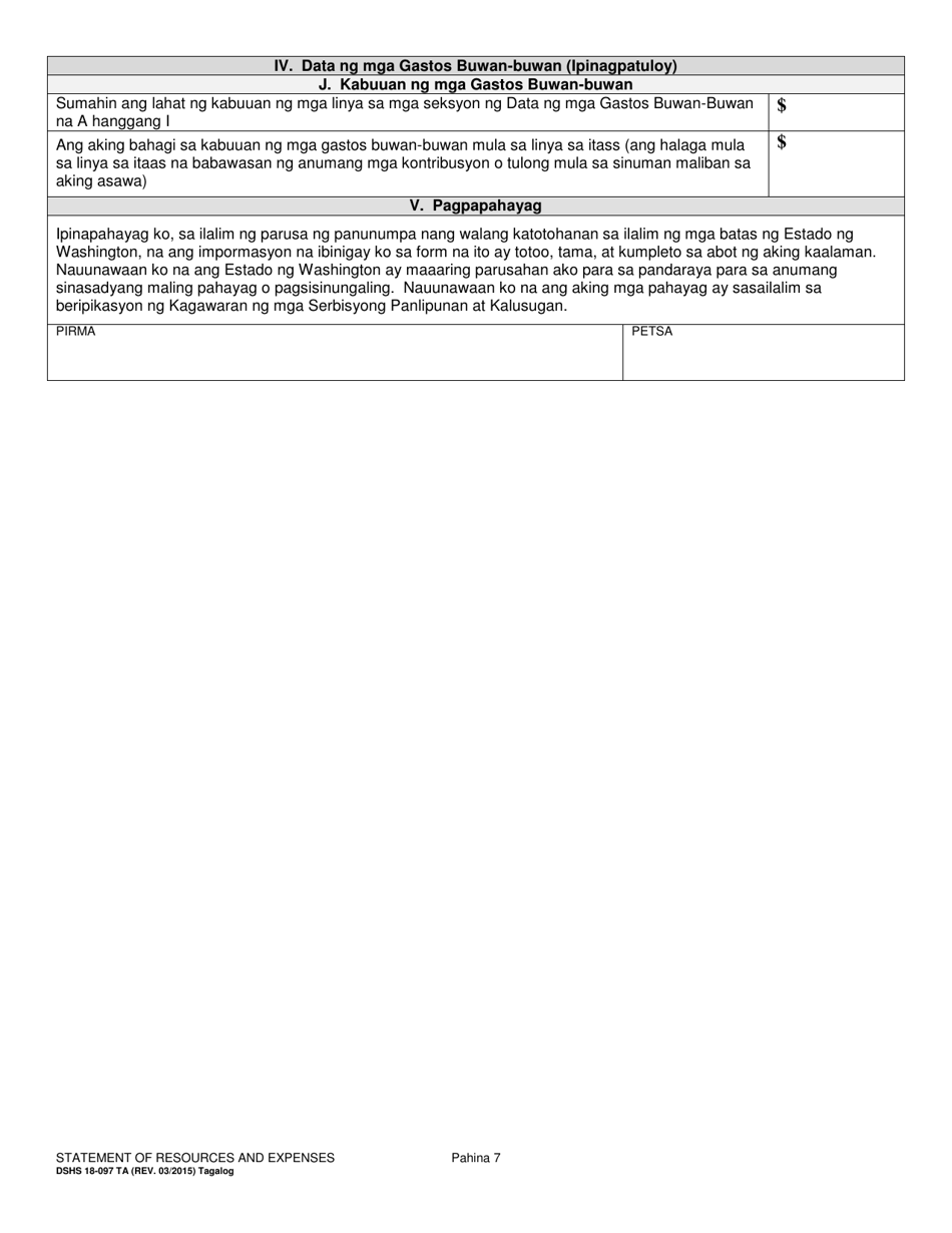 DSHS Form 18-097 Statement of Resources and Expenses - Washington (Tagalog), Page 7