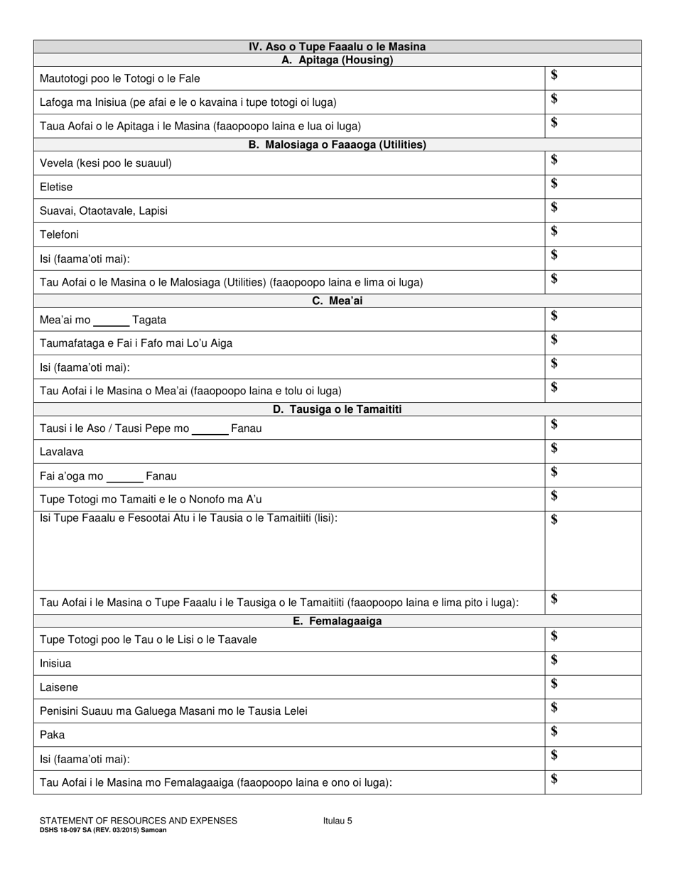 DSHS Form 18-097 Statement of Resources and Expenses - Washington (Samoan), Page 5