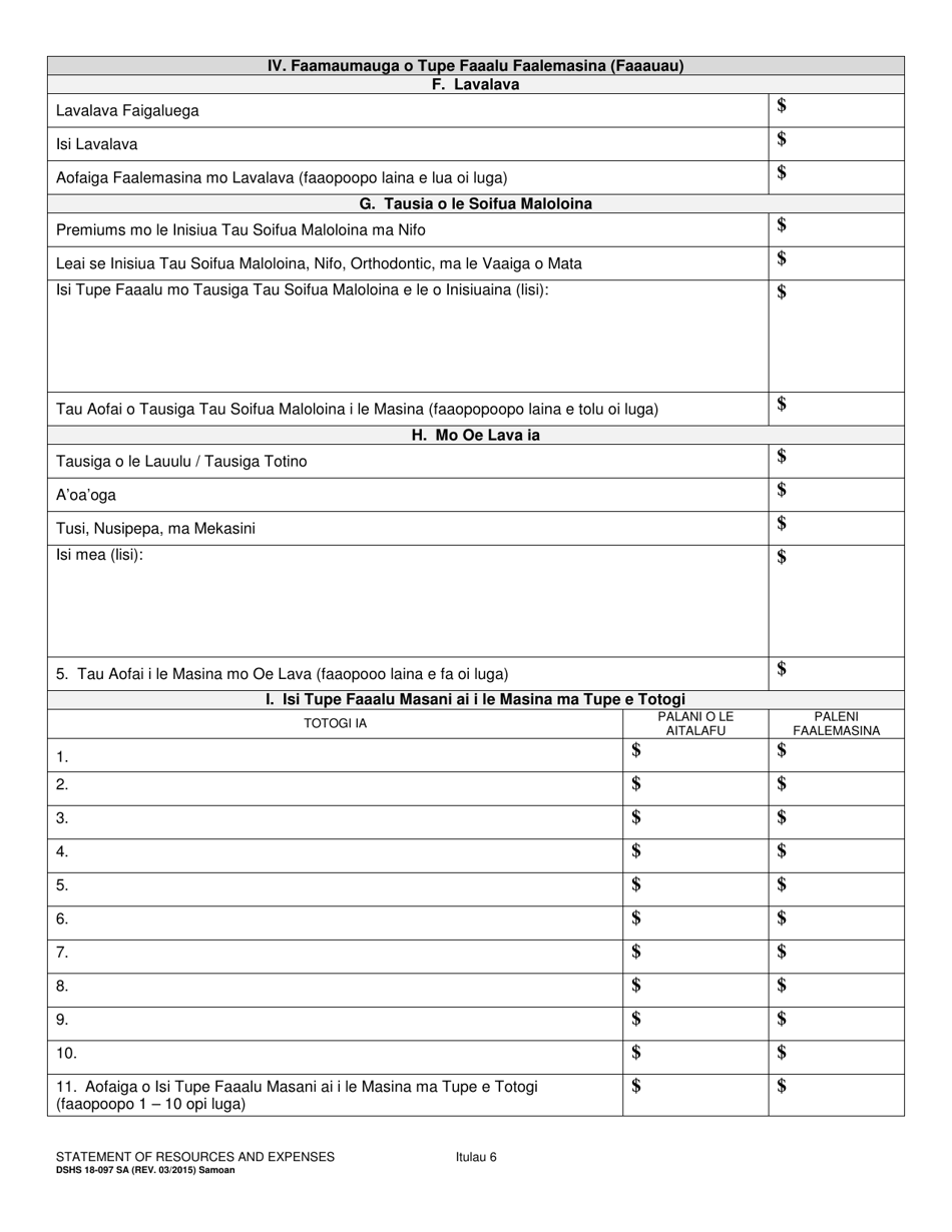 DSHS Form 18-097 Statement of Resources and Expenses - Washington (Samoan), Page 6
