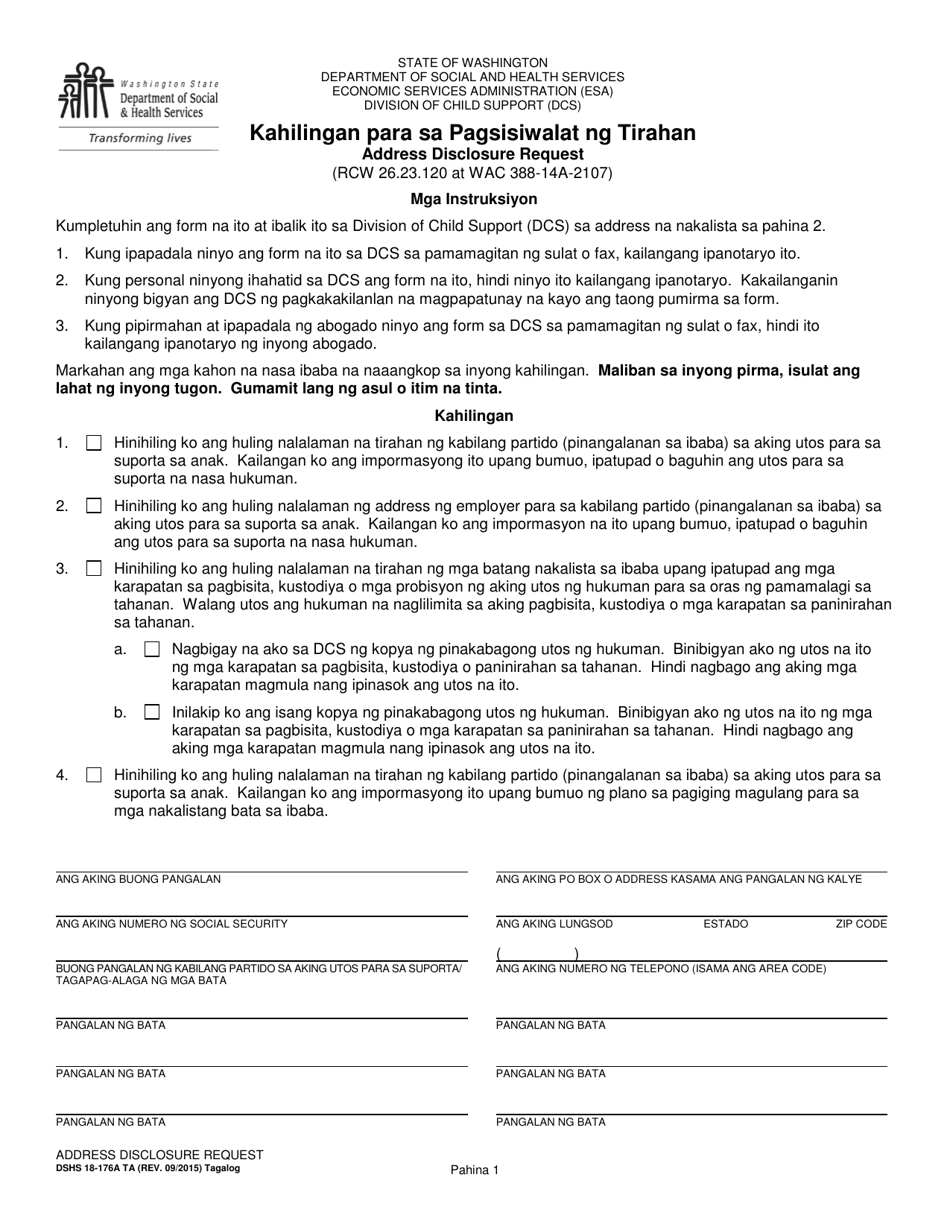 DSHS Form 18-176A Address Disclosure Request - Washington (Tagalog), Page 1