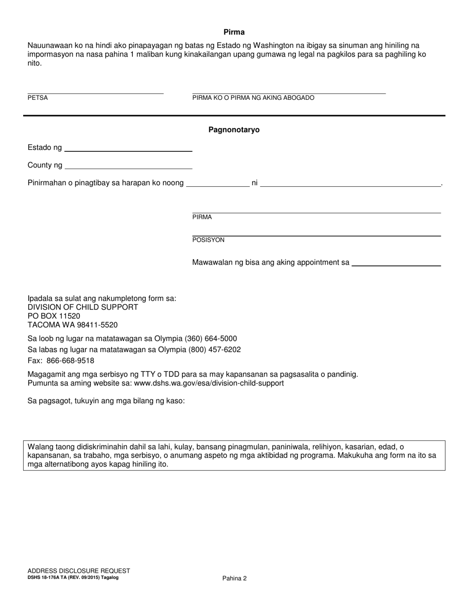 DSHS Form 18-176A Address Disclosure Request - Washington (Tagalog), Page 2