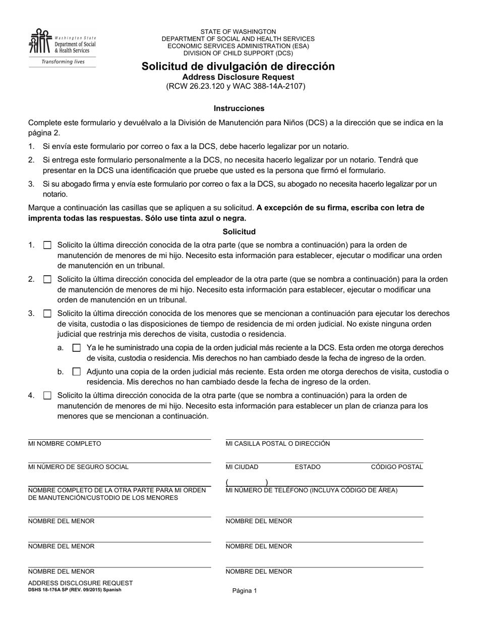 DSHS Formulario 18-176A Solicitud De Divulgacion De Direccion - Washington (Spanish), Page 1