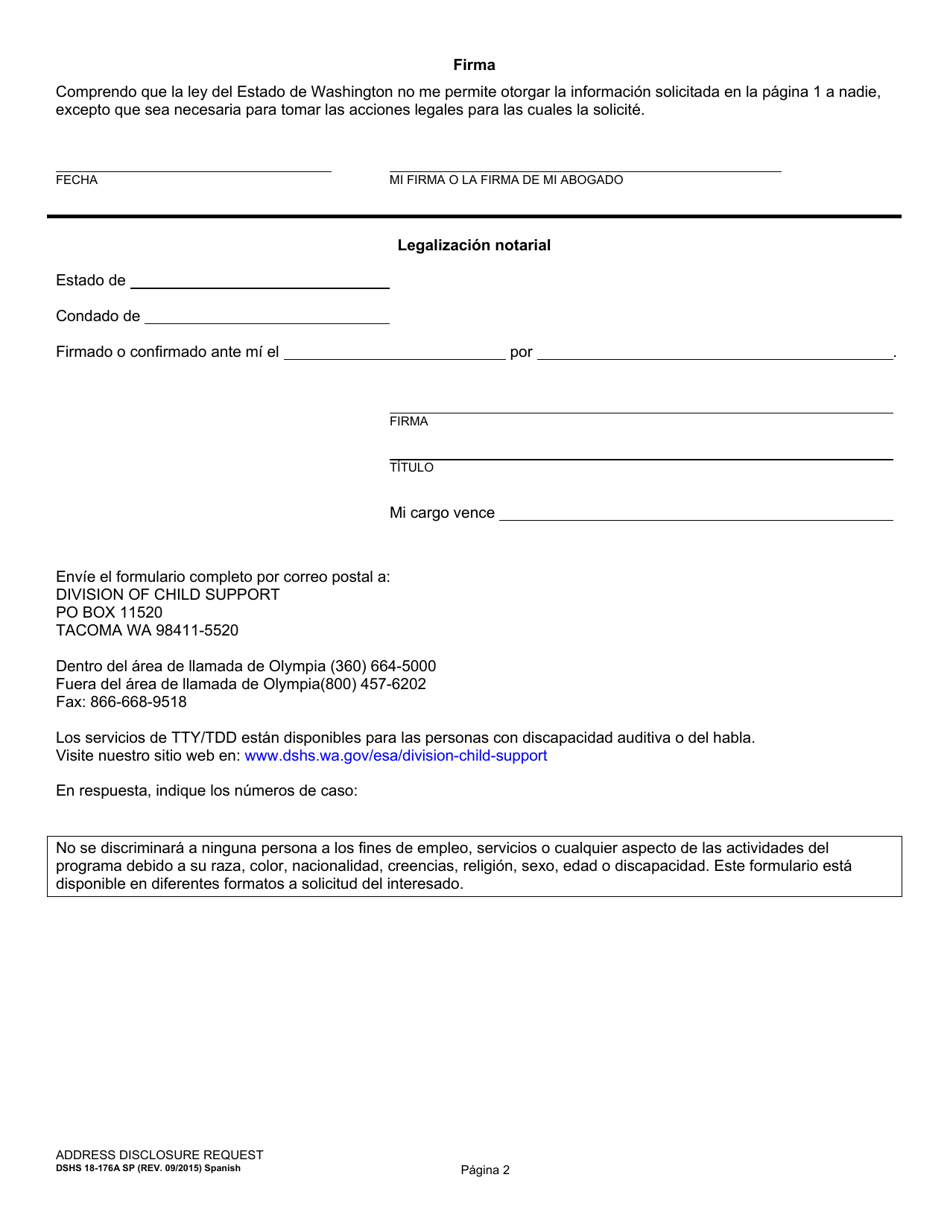 DSHS Formulario 18-176A Solicitud De Divulgacion De Direccion - Washington (Spanish), Page 2