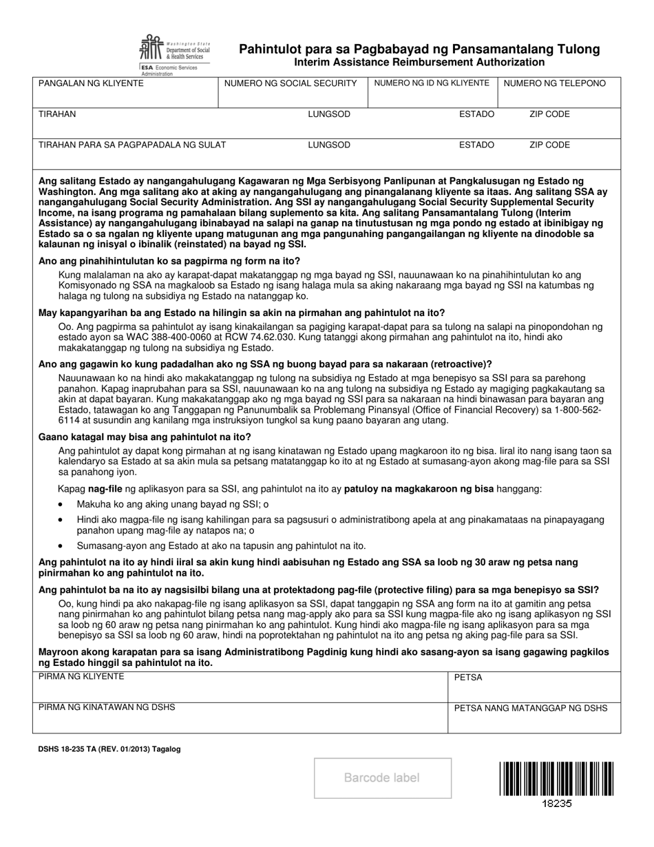 DSHS Form 18-235 Interim Assistance Reimbursement Authorization - Washington (Tagalog), Page 1