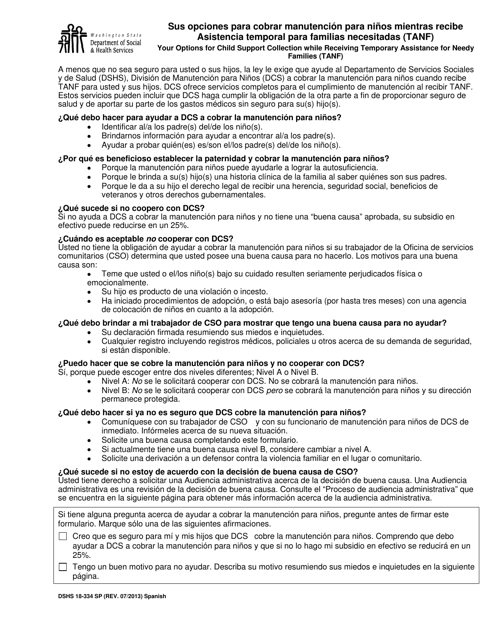 DSHS Formulario 18-334 Sus Opciones Para Cobrar Manutencion Para Ninos Mientras Recibe Asistencia Temporal Para Familias Necesitadas (TANF) - Washington (Spanish)