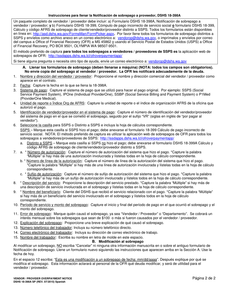 DSHS Formulario 18-398A Notificacion De Sobrepago a Proveedor - Washington (Spanish), Page 2